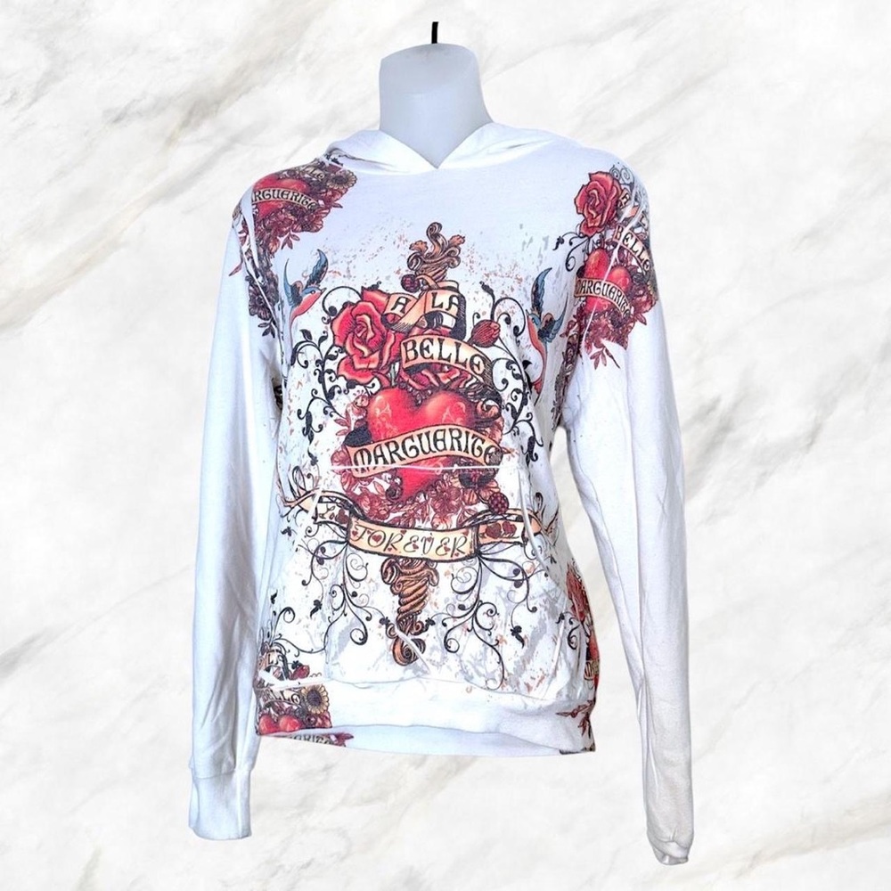 Press apparel tattoo graffiti style jacket with roses and hearts all over Y2K